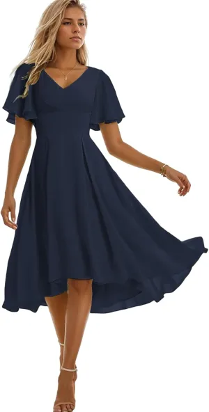 Chiffon Short Bridesmaid Dresses for Women High Low Formal Dress with Sleeves V Neck Evening Gown