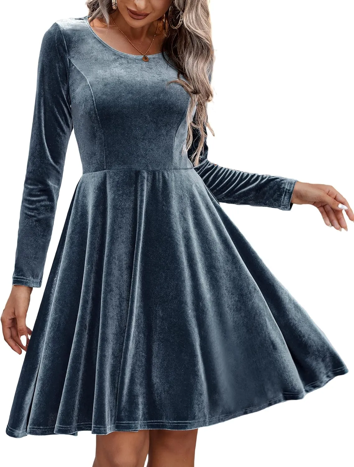 Chigant Women's Velvet Dress Long Sleeve Cocktail Christmas Party Club Dresses Flare Swing Mini Prom Dress for Wedding Guest