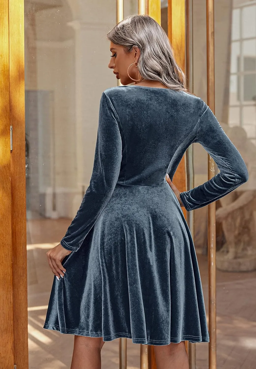Chigant Women's Velvet Dress Long Sleeve Cocktail Christmas Party Club Dresses Flare Swing Mini Prom Dress for Wedding Guest