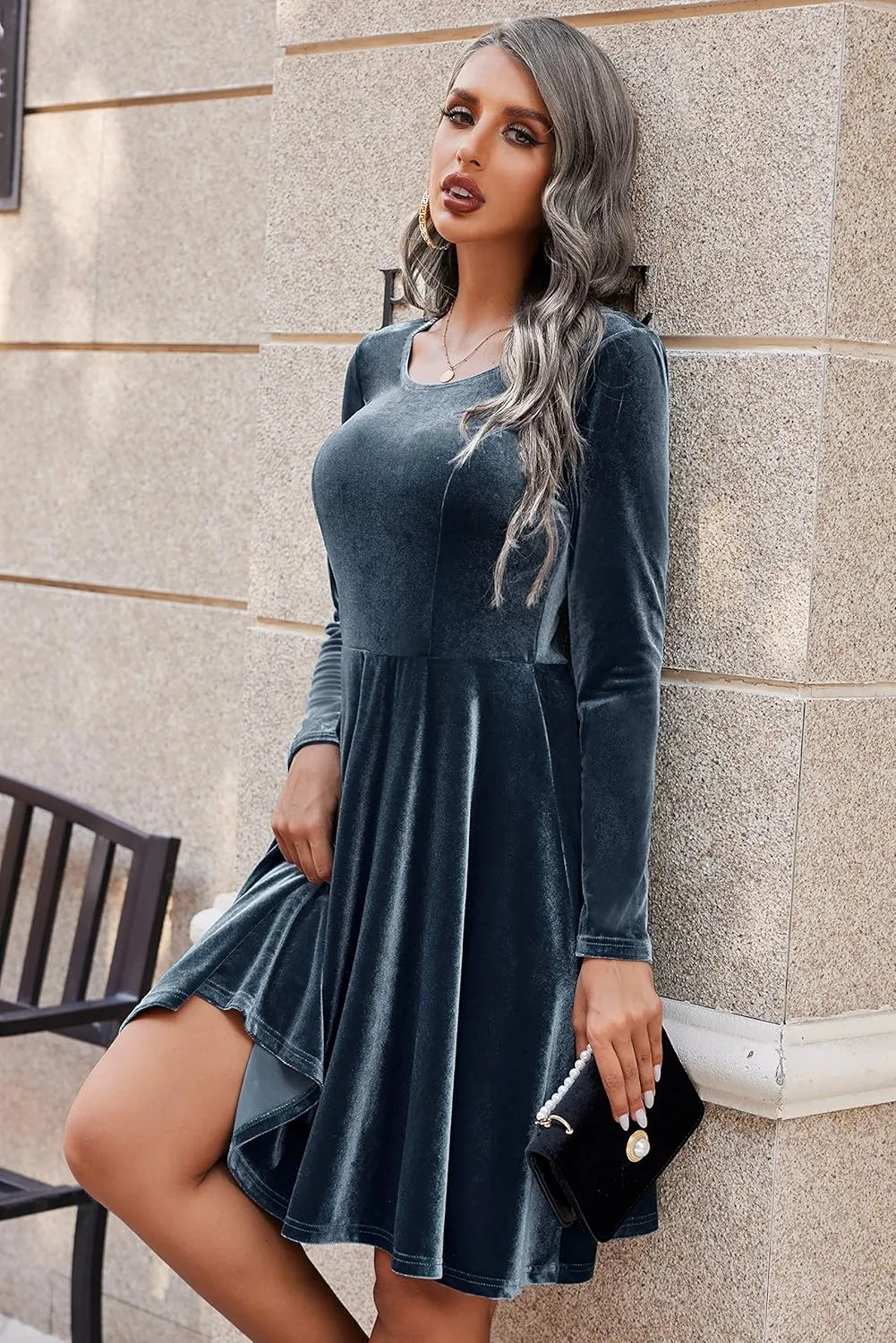Chigant Women's Velvet Dress Long Sleeve Cocktail Christmas Party Club Dresses Flare Swing Mini Prom Dress for Wedding Guest