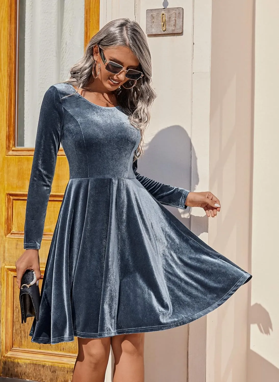Chigant Women's Velvet Dress Long Sleeve Cocktail Christmas Party Club Dresses Flare Swing Mini Prom Dress for Wedding Guest
