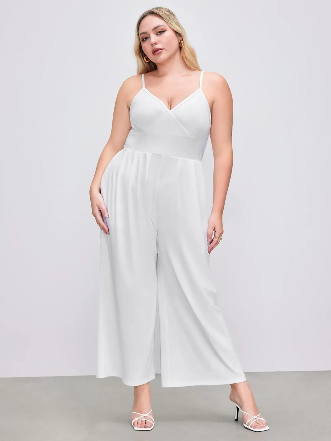 CIDER Plus Size Jumpsuits For Curvy Women V Neck Sleeveless Spaghettis Strap Wide Leg Overalls Casual Summer Outfits