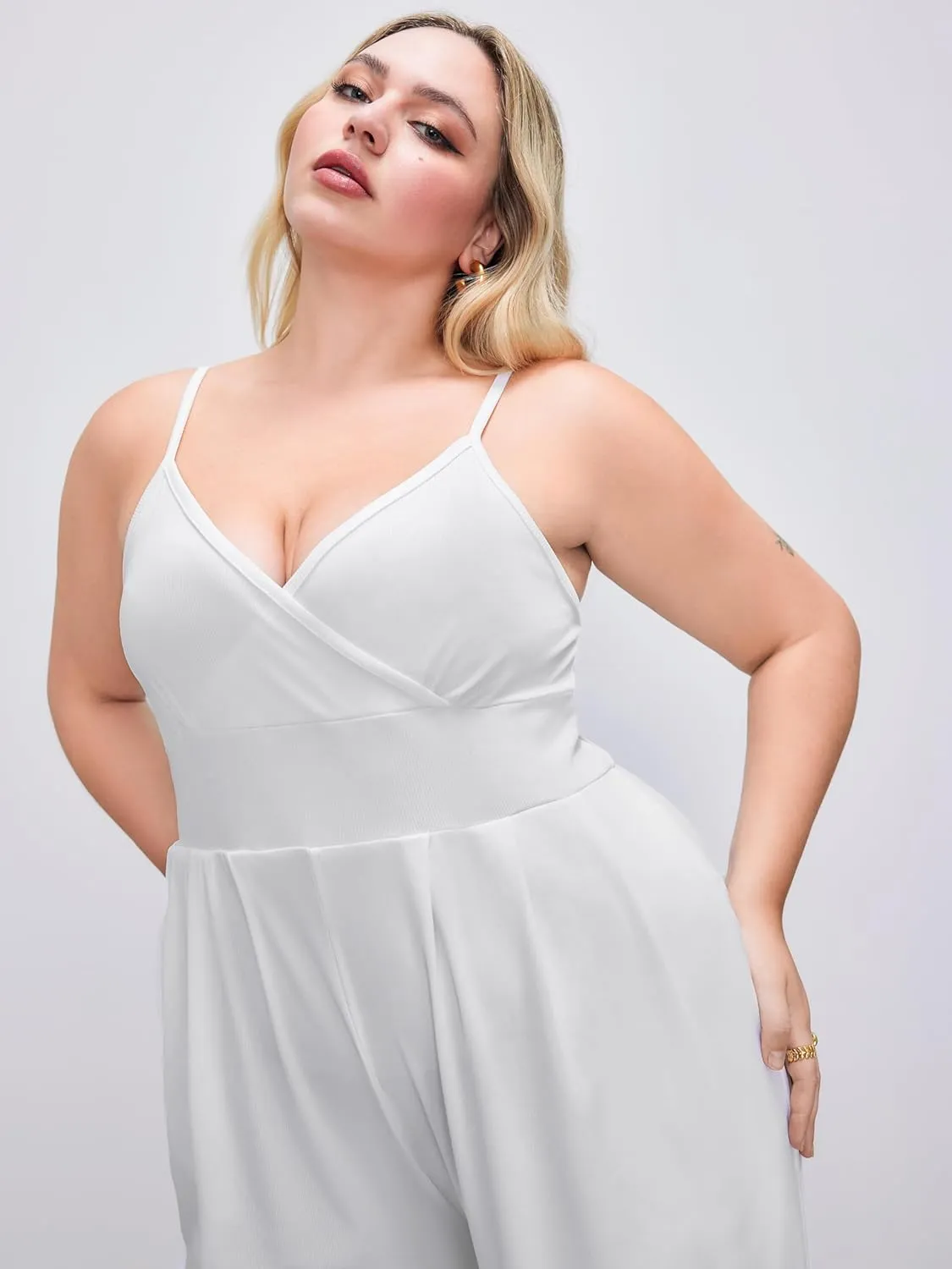 CIDER Plus Size Jumpsuits For Curvy Women V Neck Sleeveless Spaghettis Strap Wide Leg Overalls Casual Summer Outfits