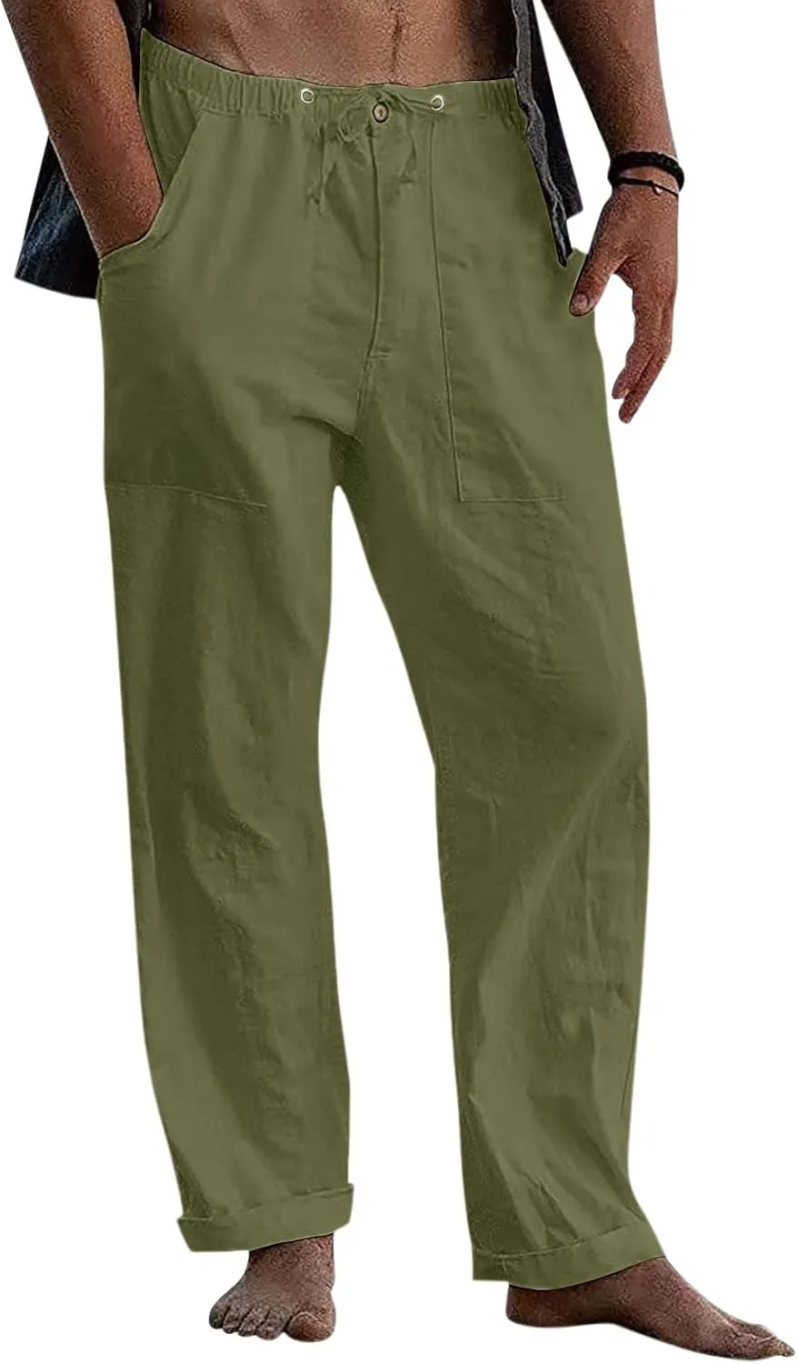 Classic Linen Pants for Men Loose Fit Wide Leg Drawstring Trousers Elastic Waist Summer Travel Beach Shorts with Pockets