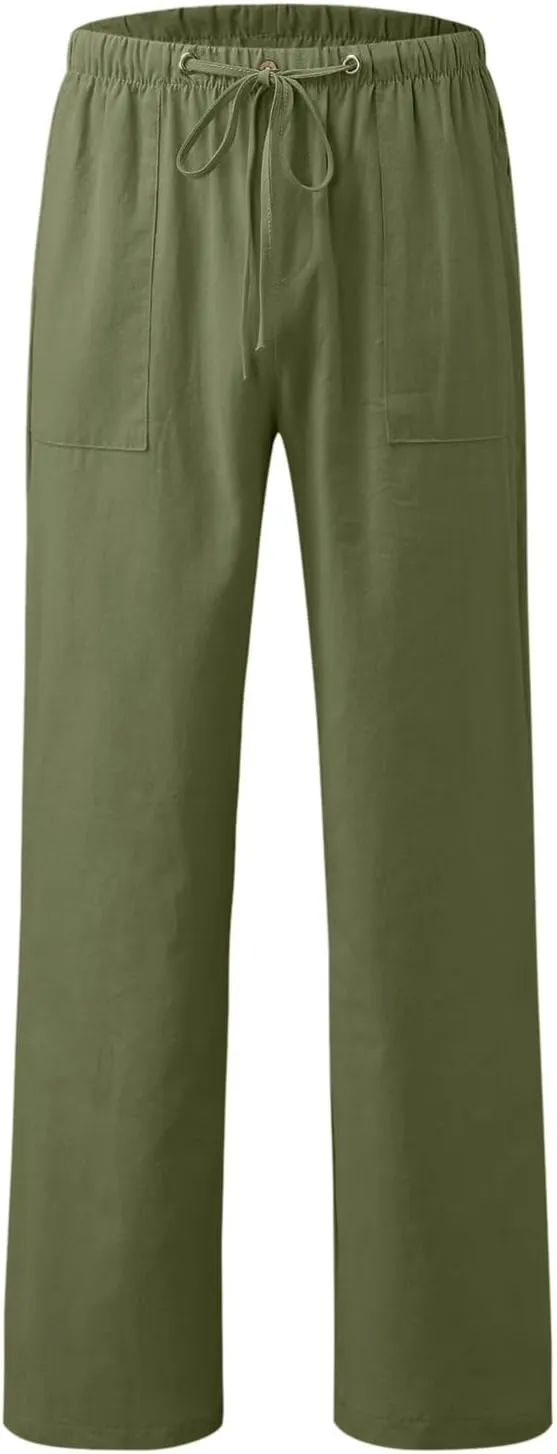 Classic Linen Pants for Men Loose Fit Wide Leg Drawstring Trousers Elastic Waist Summer Travel Beach Shorts with Pockets