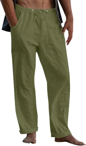 Classic Linen Pants for Men Loose Fit Wide Leg Drawstring Trousers Elastic Waist Summer Travel Beach Shorts with Pockets