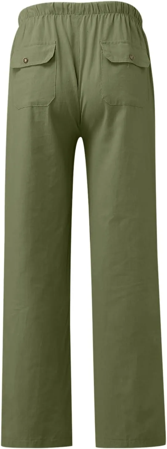 Classic Linen Pants for Men Loose Fit Wide Leg Drawstring Trousers Elastic Waist Summer Travel Beach Shorts with Pockets
