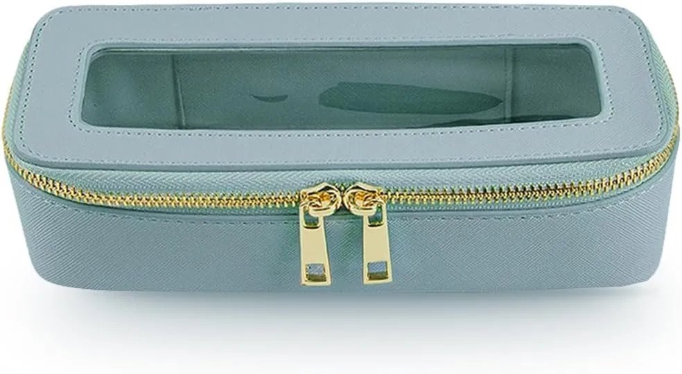 Clear Makeup Brush Bag, Slim Cosmetic Case for Brushes, Compact Toiletry Pouch with Zippers (Blue)