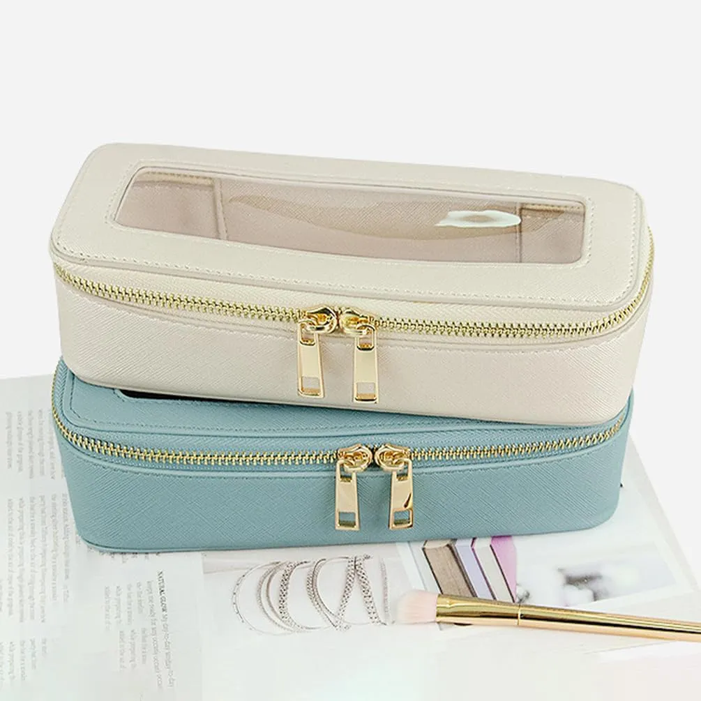 Clear Makeup Brush Bag, Slim Cosmetic Case for Brushes, Compact Toiletry Pouch with Zippers (Blue)