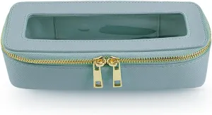 Clear Makeup Brush Bag, Slim Cosmetic Case for Brushes, Compact Toiletry Pouch with Zippers (Blue)