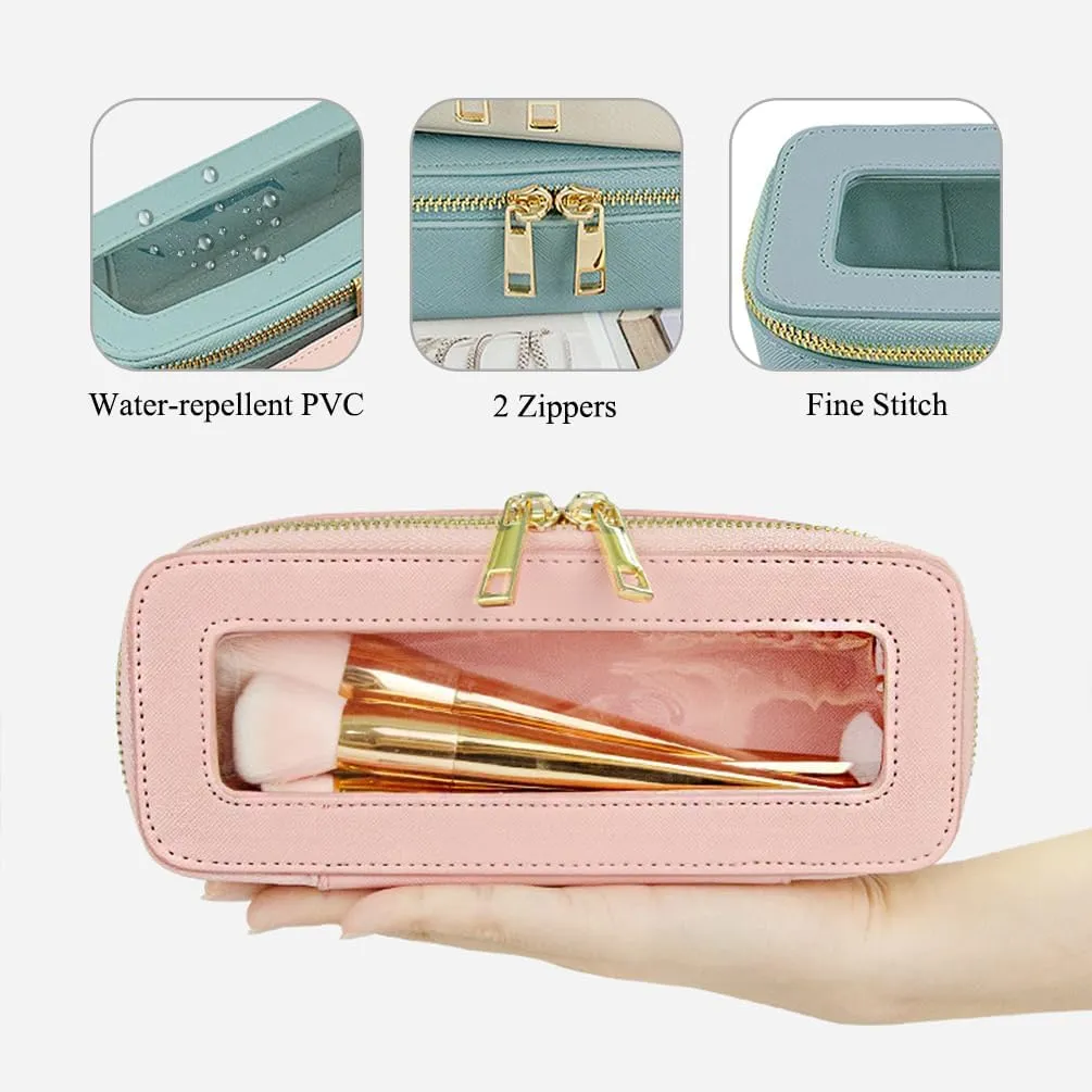 Clear Makeup Brush Bag, Slim Cosmetic Case for Brushes, Compact Toiletry Pouch with Zippers (Blue)