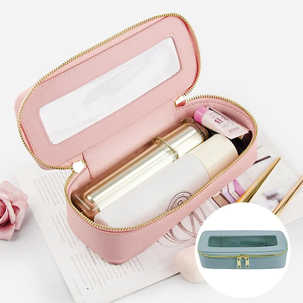 Clear Makeup Brush Bag, Slim Cosmetic Case for Brushes, Compact Toiletry Pouch with Zippers (Blue)