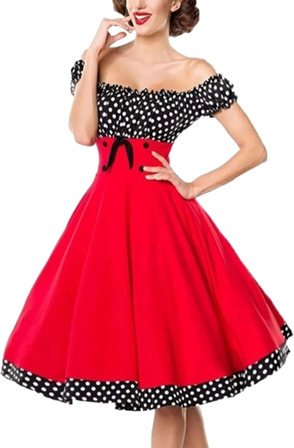 Cocktail Dress for Women 1960 Retro Polka Dot Off The Shoulder A-Line Swing Sundress Rockabilly Garden Party Dress