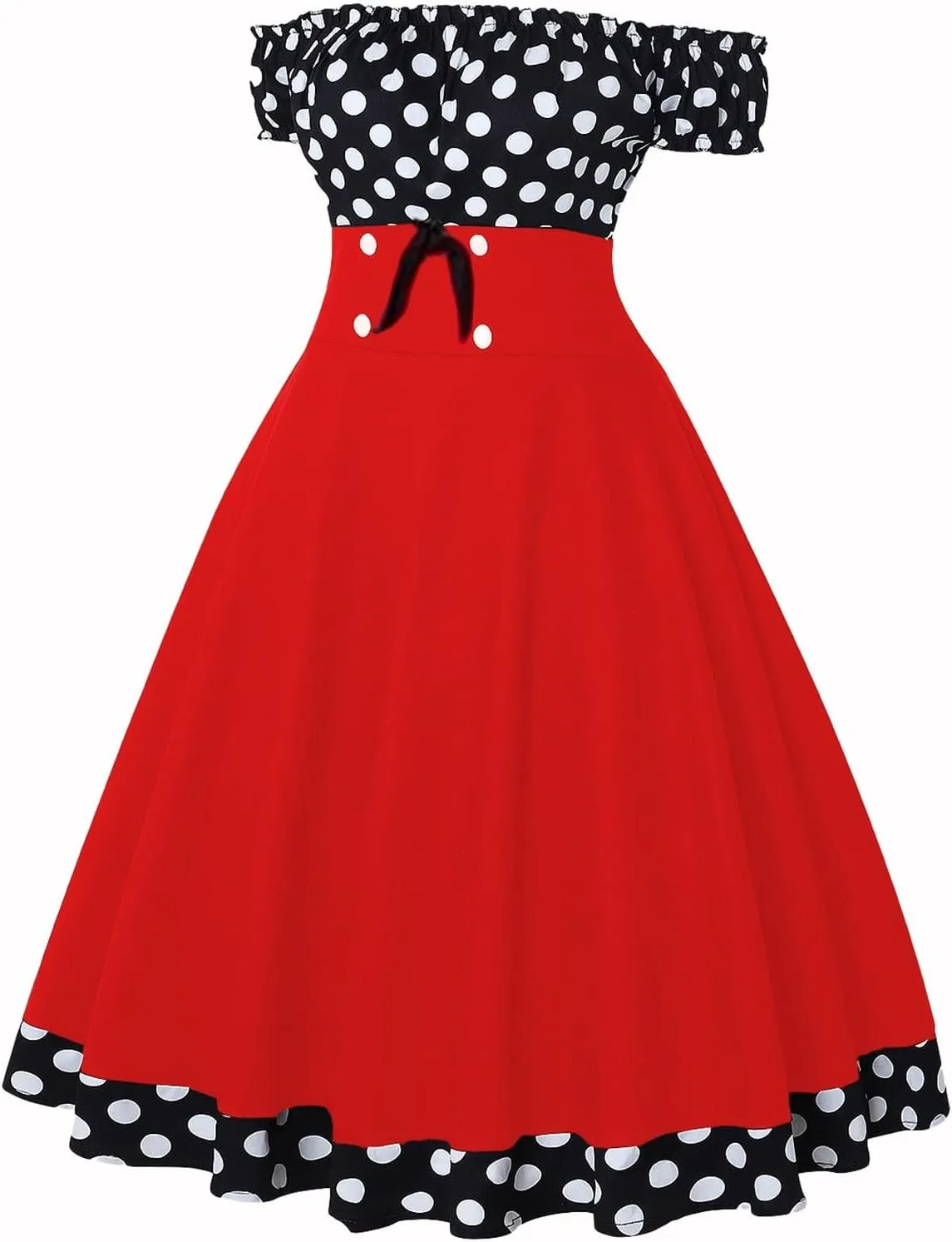 Cocktail Dress for Women 1960 Retro Polka Dot Off The Shoulder A-Line Swing Sundress Rockabilly Garden Party Dress