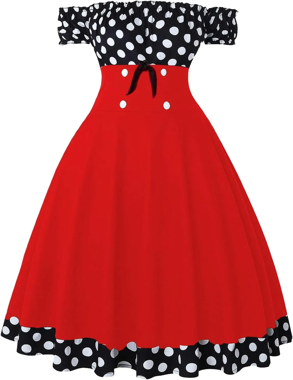 Cocktail Dress for Women 1960 Retro Polka Dot Off The Shoulder A-Line Swing Sundress Rockabilly Garden Party Dress