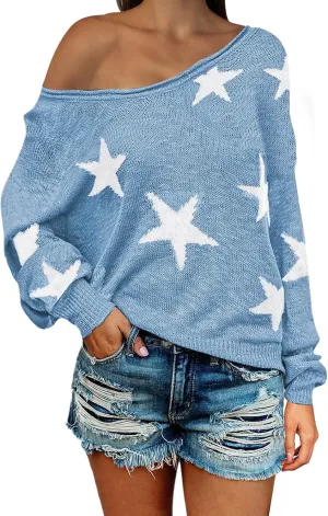 COCOLEGGINGS Women's Scoop Neck Long Sleeve Star Pullover Sweater Tunic Tops