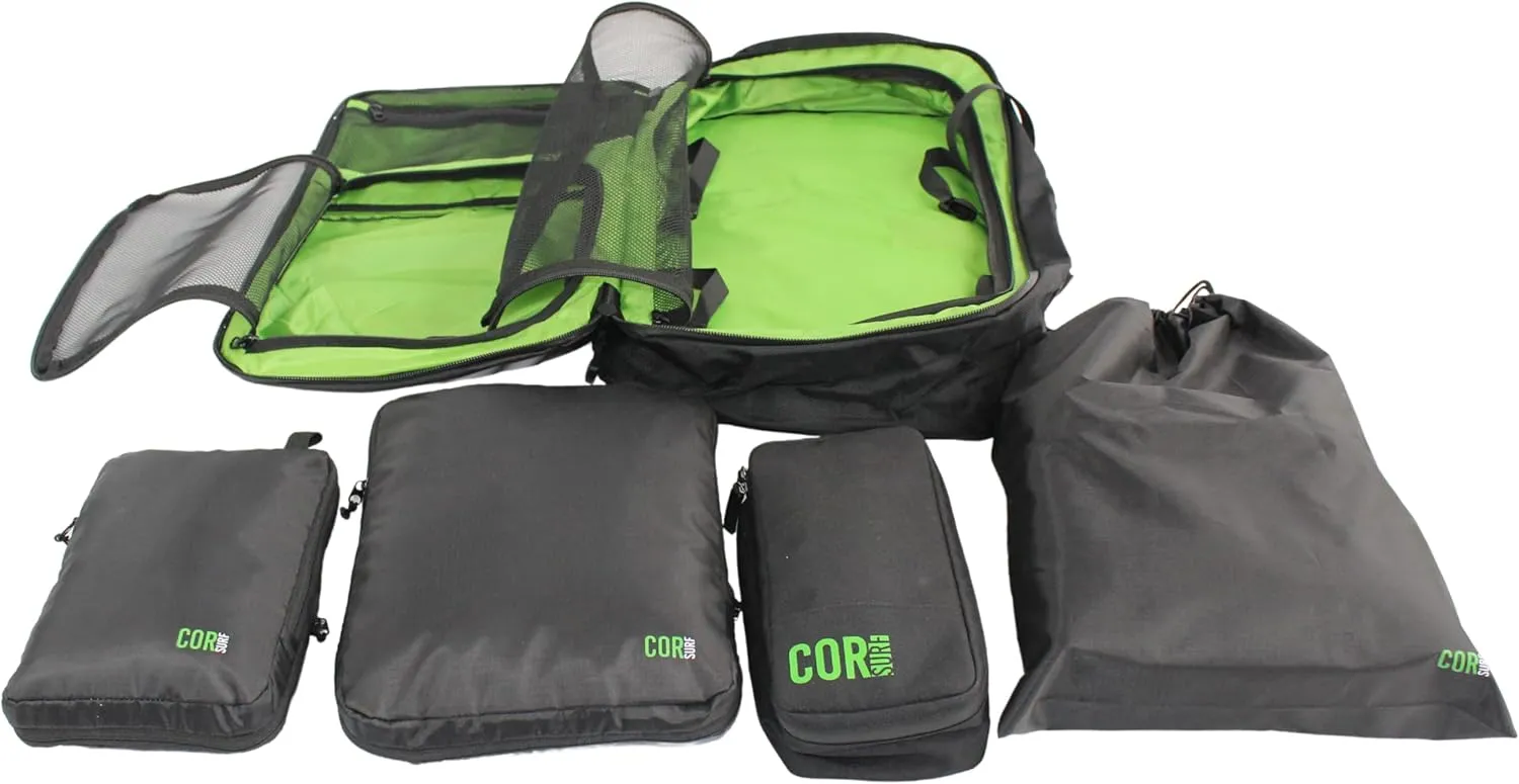 COR Surf Carry On Travel Backpack Bundle | Island Hopper Travel Backpack with Toiletry Bag and Compression Packing Cube Set (38L, Black)