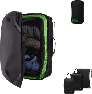 COR Surf Carry On Travel Backpack Bundle | Island Hopper Travel Backpack with Toiletry Bag and Compression Packing Cube Set (38L, Black)