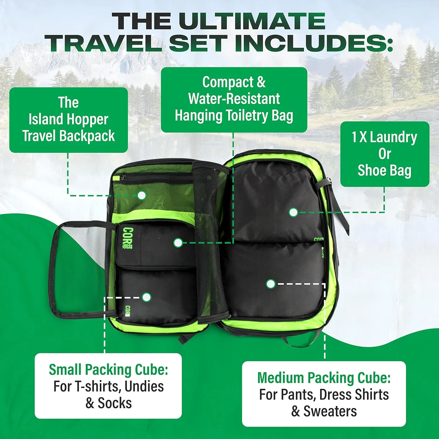 COR Surf Carry On Travel Backpack Bundle | Island Hopper Travel Backpack with Toiletry Bag and Compression Packing Cube Set (Blue, 28L)