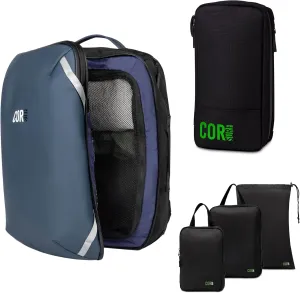 COR Surf Carry On Travel Backpack Bundle | Island Hopper Travel Backpack with Toiletry Bag and Compression Packing Cube Set (Blue, 28L)