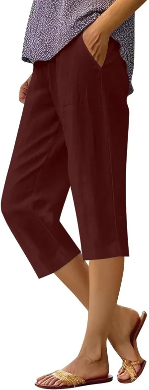 Cotton Linen Capri Shorts for Women's Summer Solid Comfy Wide Leg Short Pants Beach Vacation Cropped Trousers