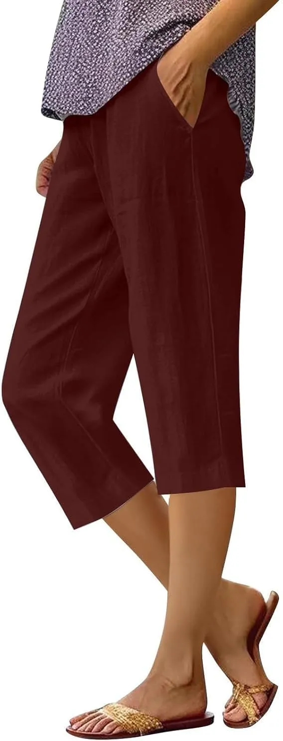 Cotton Linen Capri Shorts for Women's Summer Solid Comfy Wide Leg Short Pants Beach Vacation Cropped Trousers