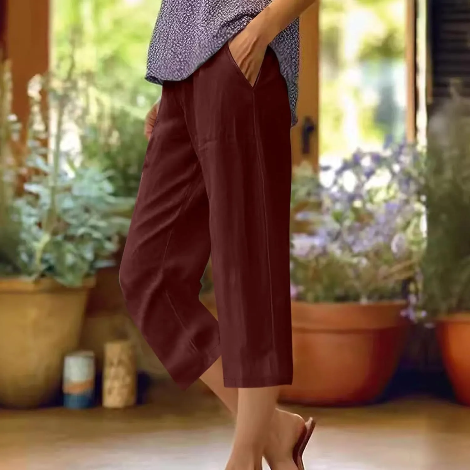 Cotton Linen Capri Shorts for Women's Summer Solid Comfy Wide Leg Short Pants Beach Vacation Cropped Trousers