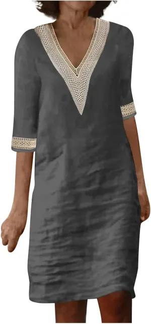 Cotton Linen Dresses for Women,2024 Summer Elegant Trendy V Neck 3/4 Sleeve Midi Dress,Casual Plain Beach Dress