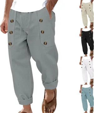Cotton Linen Trousers for Men Drawstring Strectch Baggy Pants Summer Fashion Classic Trousers with Button Decoration