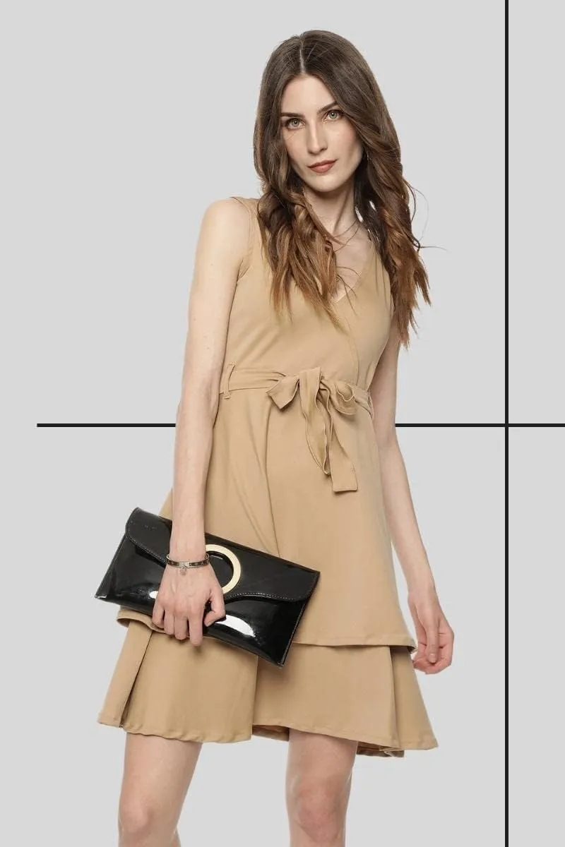 Cute Dresses for Women V Neck Faux Wrap Casual Summer Flowy Fit and Flare Mini Belted Waist Solid Ruffle Tank Dress