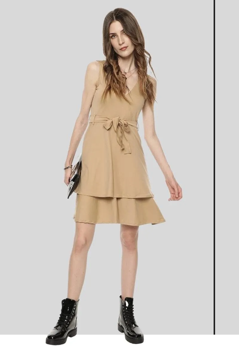 Cute Dresses for Women V Neck Faux Wrap Casual Summer Flowy Fit and Flare Mini Belted Waist Solid Ruffle Tank Dress