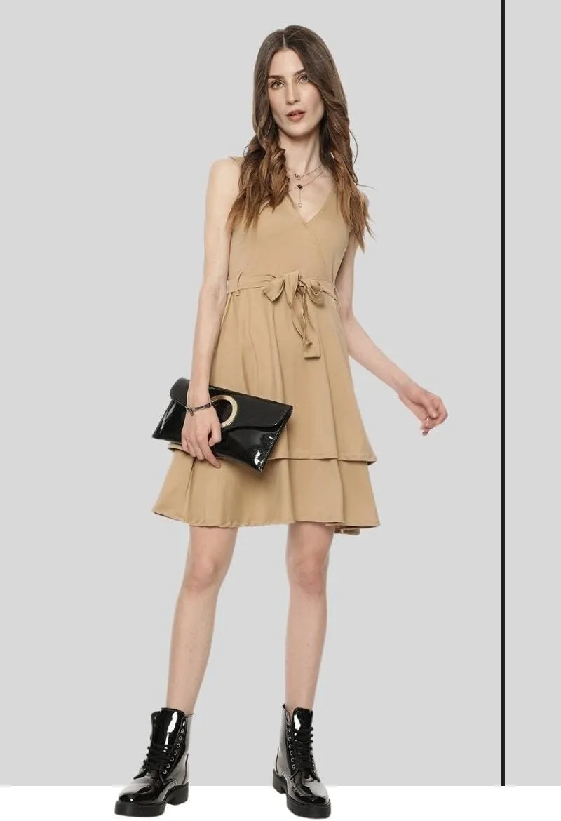 Cute Dresses for Women V Neck Faux Wrap Casual Summer Flowy Fit and Flare Mini Belted Waist Solid Ruffle Tank Dress