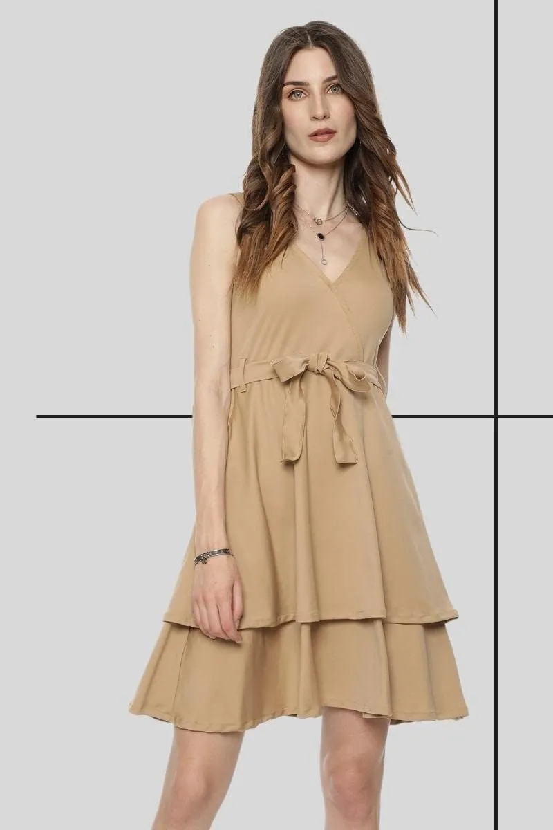 Cute Dresses for Women V Neck Faux Wrap Casual Summer Flowy Fit and Flare Mini Belted Waist Solid Ruffle Tank Dress
