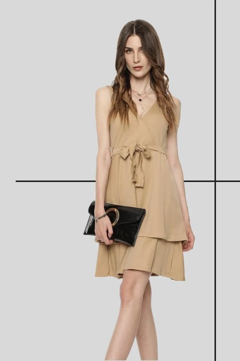 Cute Dresses for Women V Neck Faux Wrap Casual Summer Flowy Fit and Flare Mini Belted Waist Solid Ruffle Tank Dress