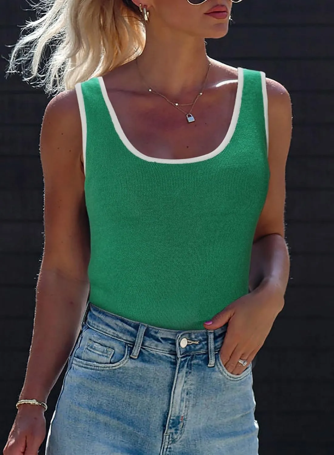 Dokotoo 2 Pack Tank Top for Women Summer Sleeveless Scoop Neck Ribbed Knit Color Block Slim Fitted Cami Tops Shirts