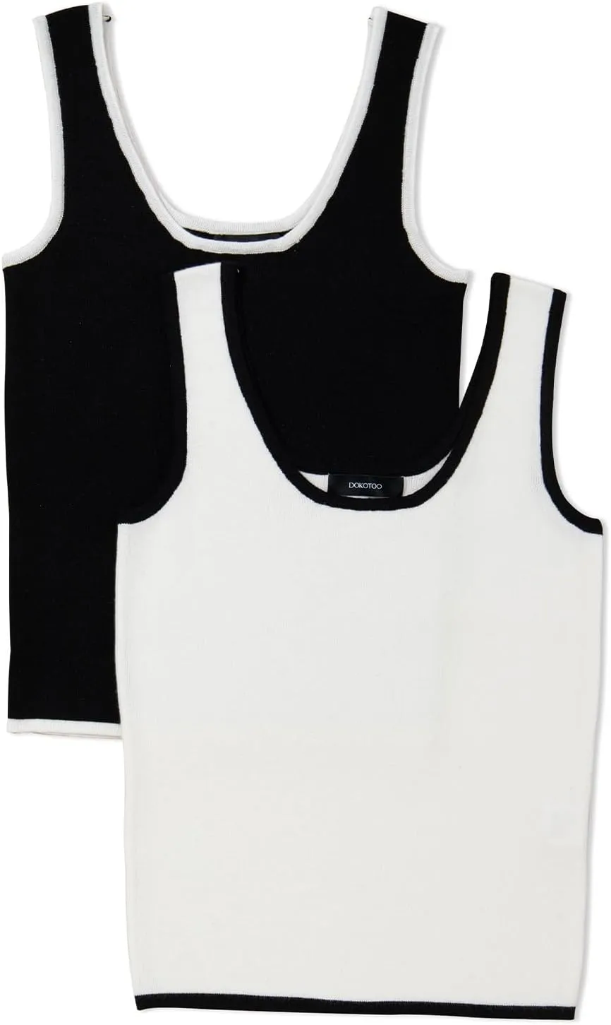 Dokotoo 2 Pack Tank Top for Women Summer Sleeveless Scoop Neck Ribbed Knit Color Block Slim Fitted Cami Tops Shirts