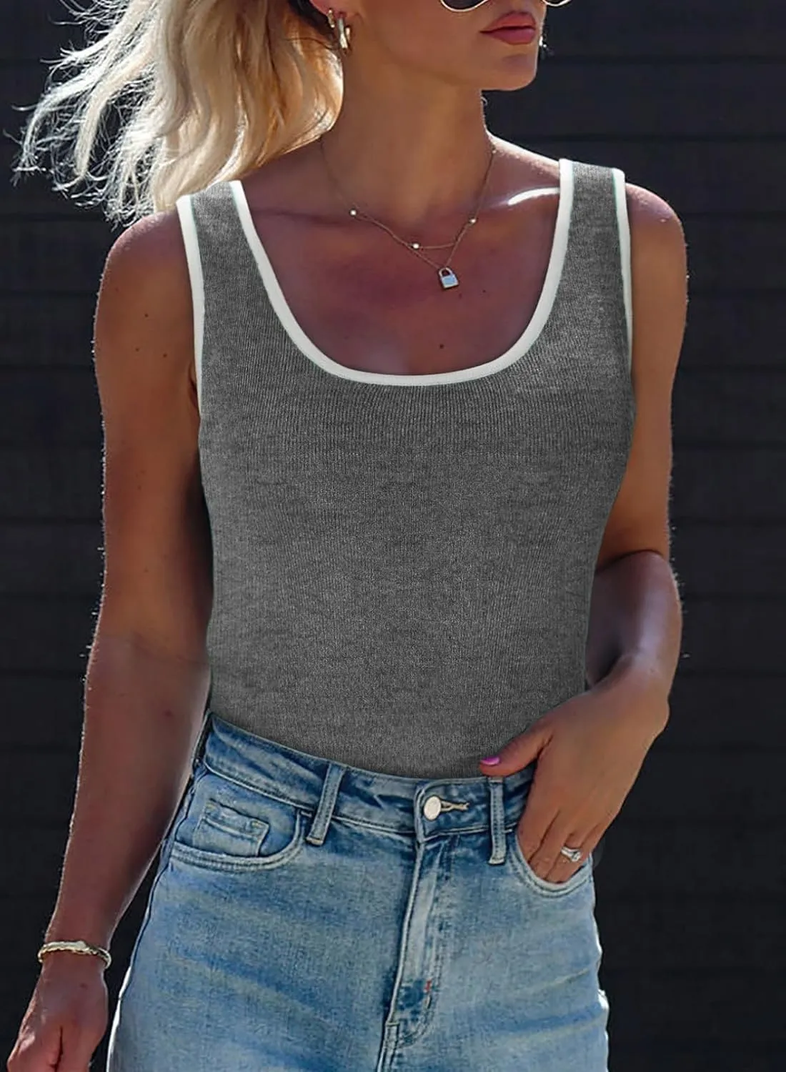 Dokotoo 2 Pack Tank Top for Women Summer Sleeveless Scoop Neck Ribbed Knit Color Block Slim Fitted Cami Tops Shirts