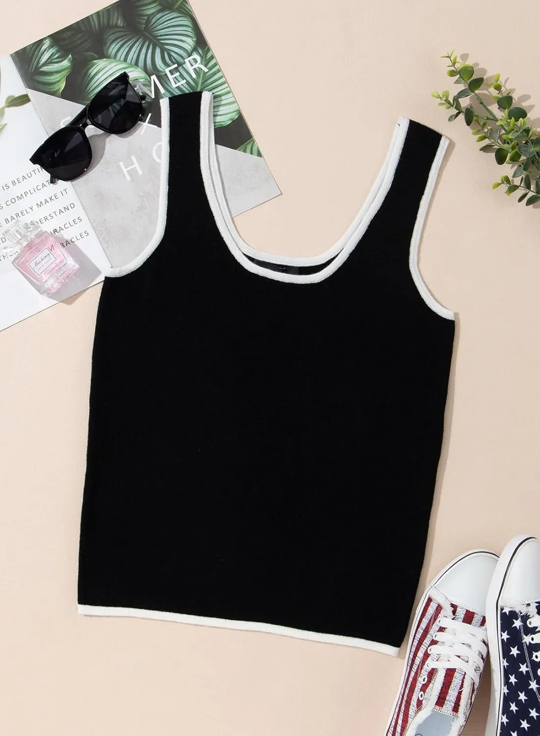 Dokotoo 2 Pack Tank Top for Women Summer Sleeveless Scoop Neck Ribbed Knit Color Block Slim Fitted Cami Tops Shirts