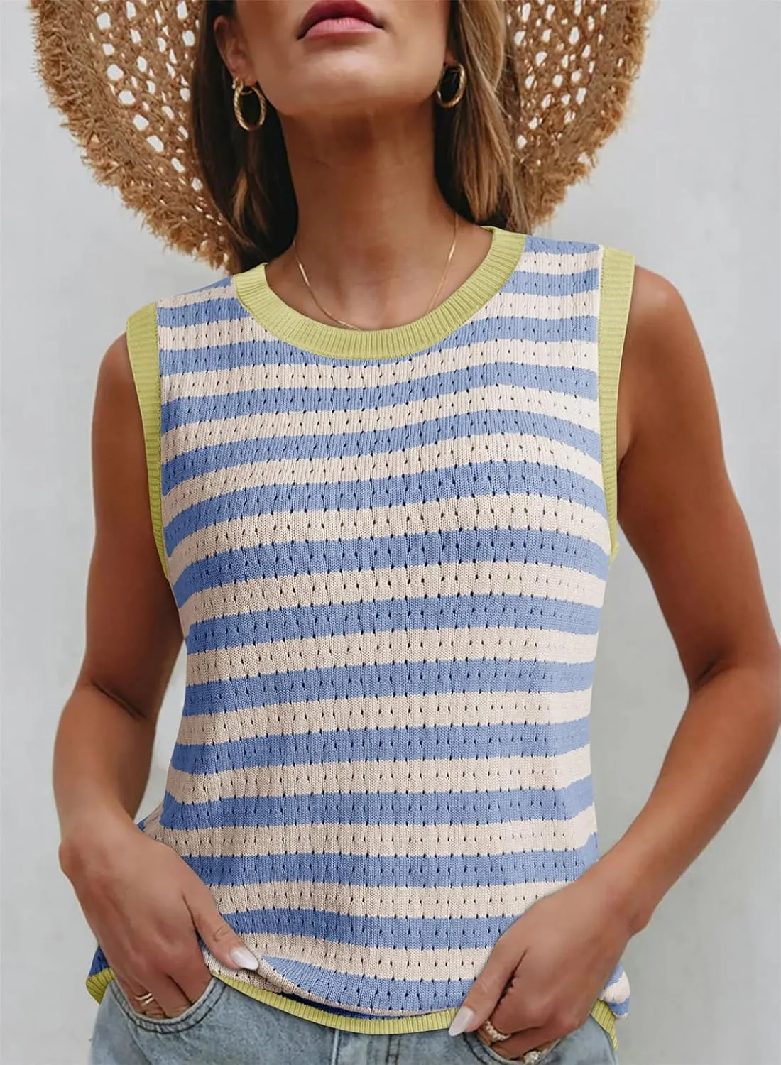 Dokotoo Women's Tank Top Casual Summer Sleeveless Sweater Vest Fashion Striped Color Block Knit Crewneck Tops Shirts