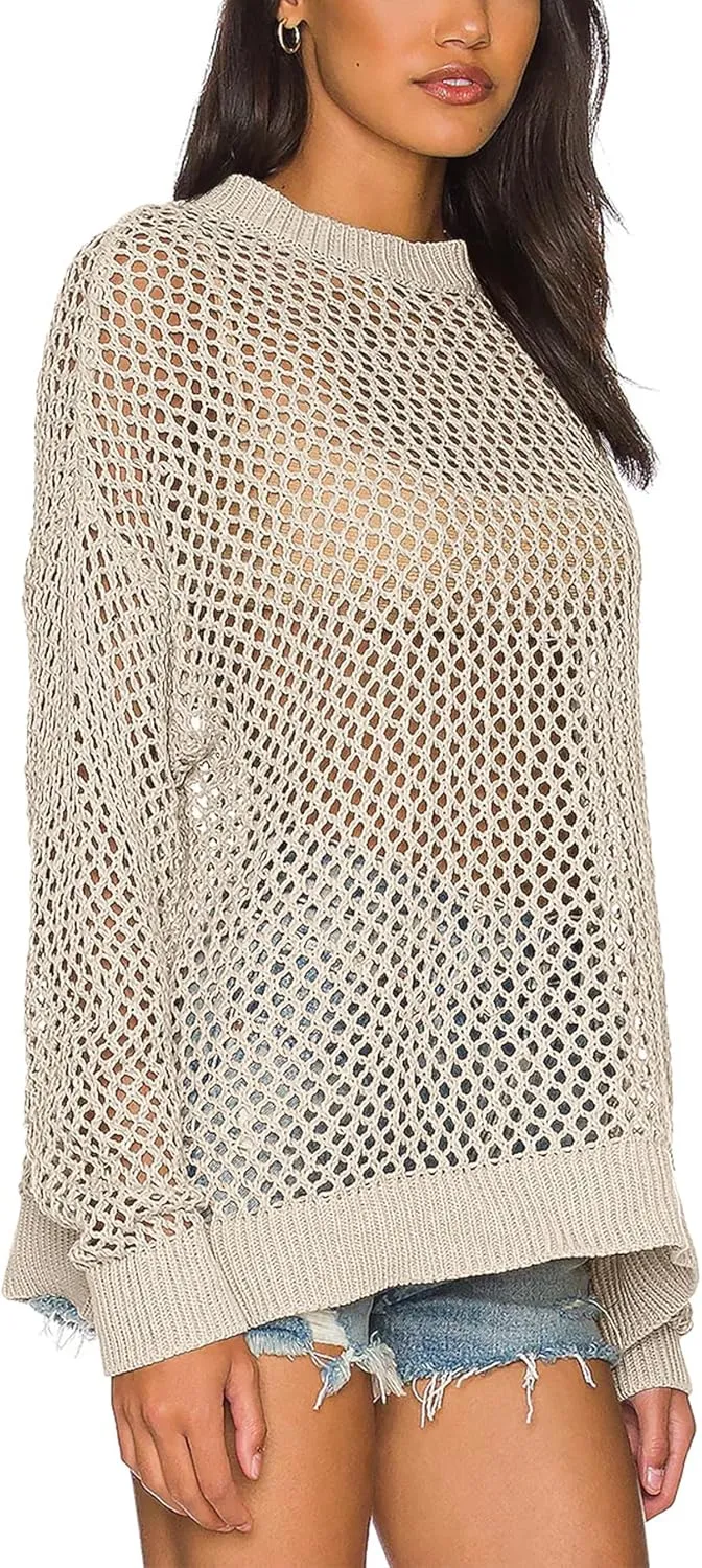 Ebifin Womens Crochet Tops Long Sleeve Beach Summer Sweater Crew Neck Mesh Cover Ups Bikini Swimsuit Tunic Pullover Tops
