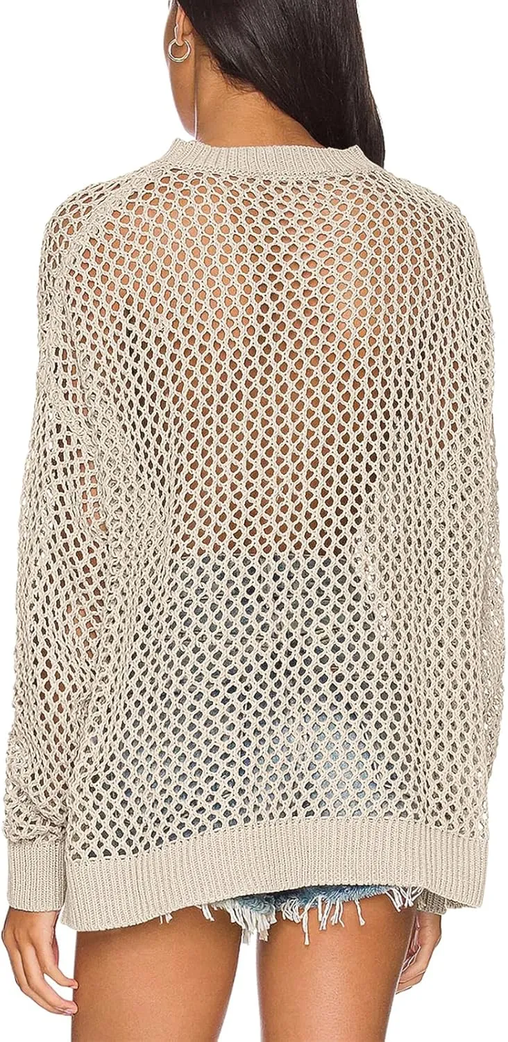 Ebifin Womens Crochet Tops Long Sleeve Beach Summer Sweater Crew Neck Mesh Cover Ups Bikini Swimsuit Tunic Pullover Tops