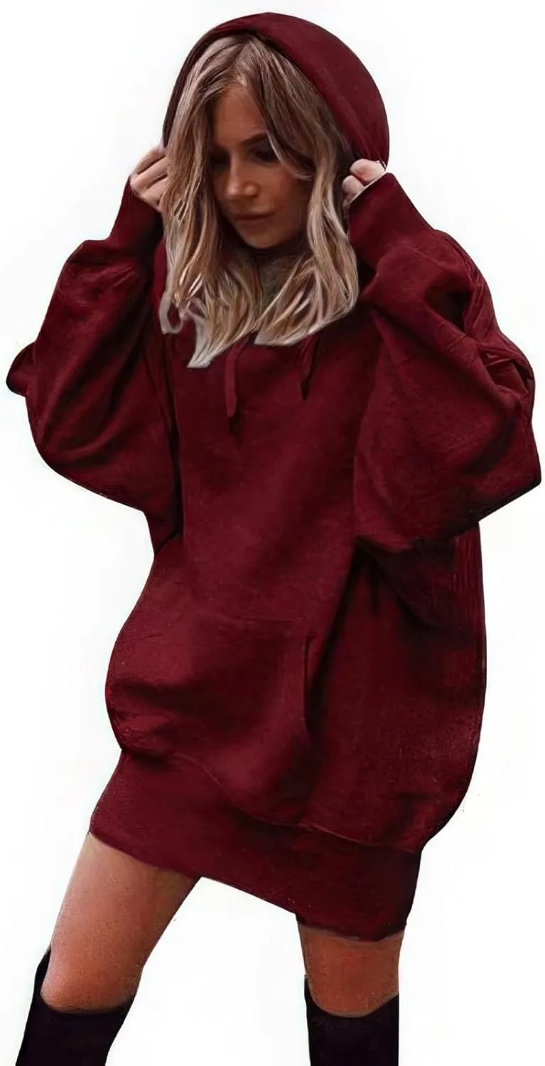 ebossy Oversized Hoodie Dress for Women Fall Warm Fleece Tunic Sweatshirt Pullover with Pockets