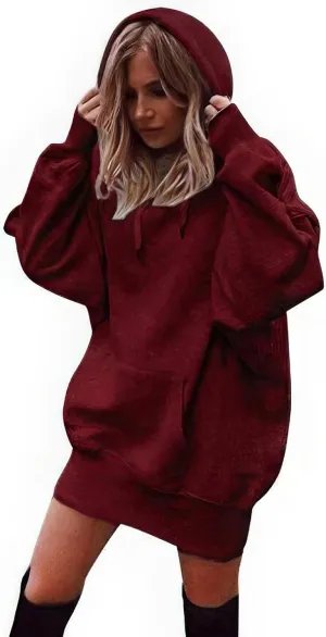 ebossy Oversized Hoodie Dress for Women Fall Warm Fleece Tunic Sweatshirt Pullover with Pockets