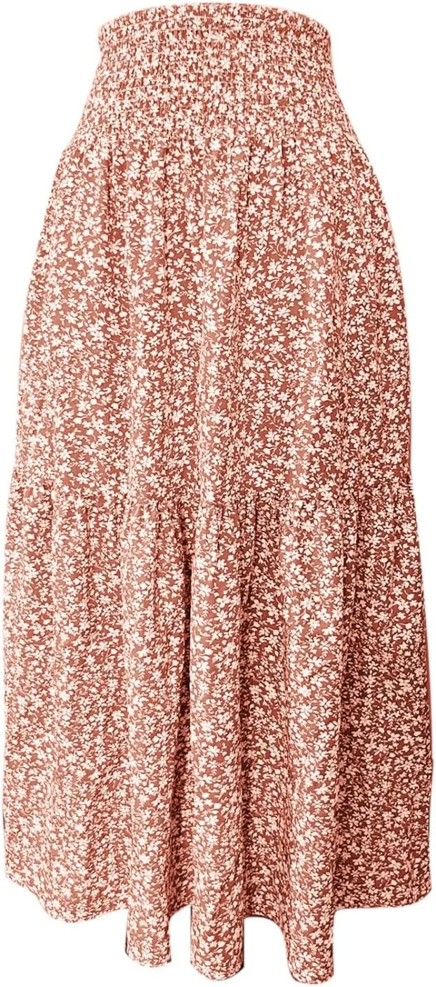 Elastic High Waist Flowy Maxi Skirts Women Boho Floral Tiered Pleated Summer Casual Long Beach Skirt