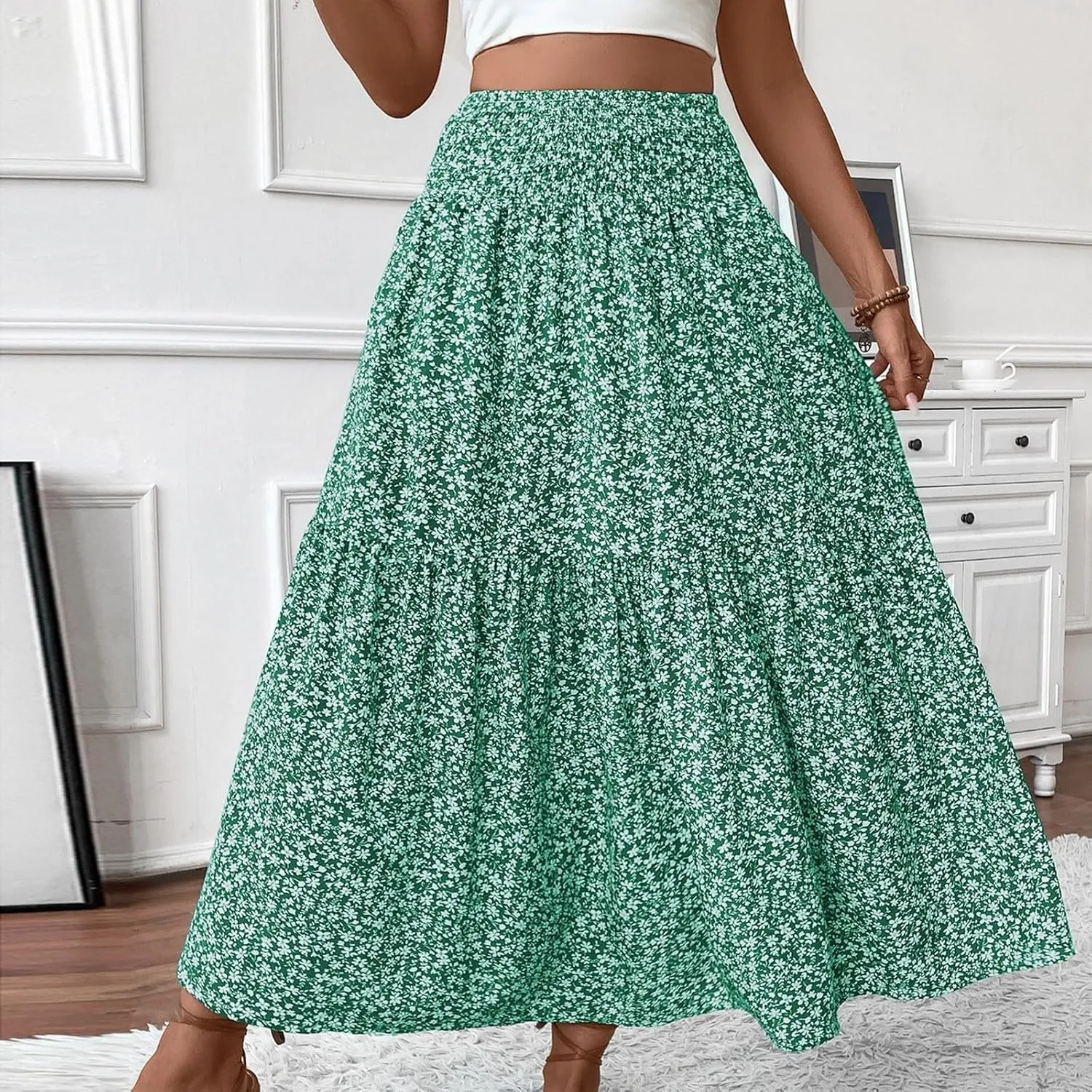 Elastic High Waist Flowy Maxi Skirts Women Boho Floral Tiered Pleated Summer Casual Long Beach Skirt