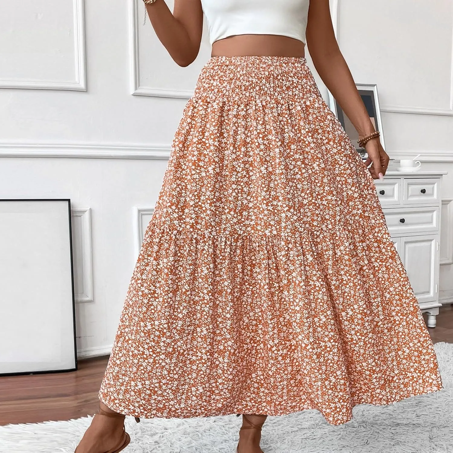 Elastic High Waist Flowy Maxi Skirts Women Boho Floral Tiered Pleated Summer Casual Long Beach Skirt