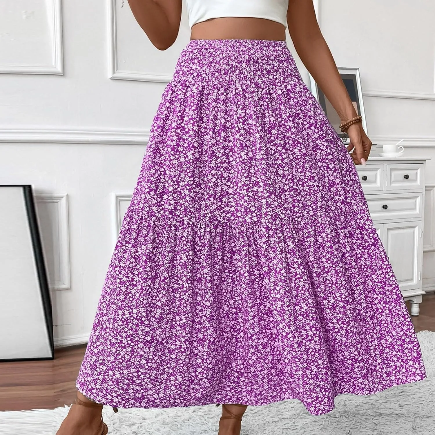 Elastic High Waist Flowy Maxi Skirts Women Boho Floral Tiered Pleated Summer Casual Long Beach Skirt
