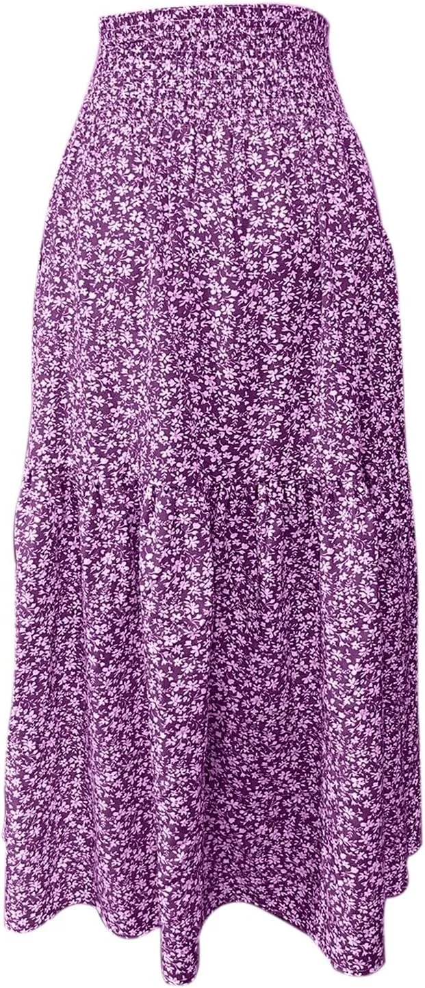 Elastic High Waist Flowy Maxi Skirts Women Boho Floral Tiered Pleated Summer Casual Long Beach Skirt