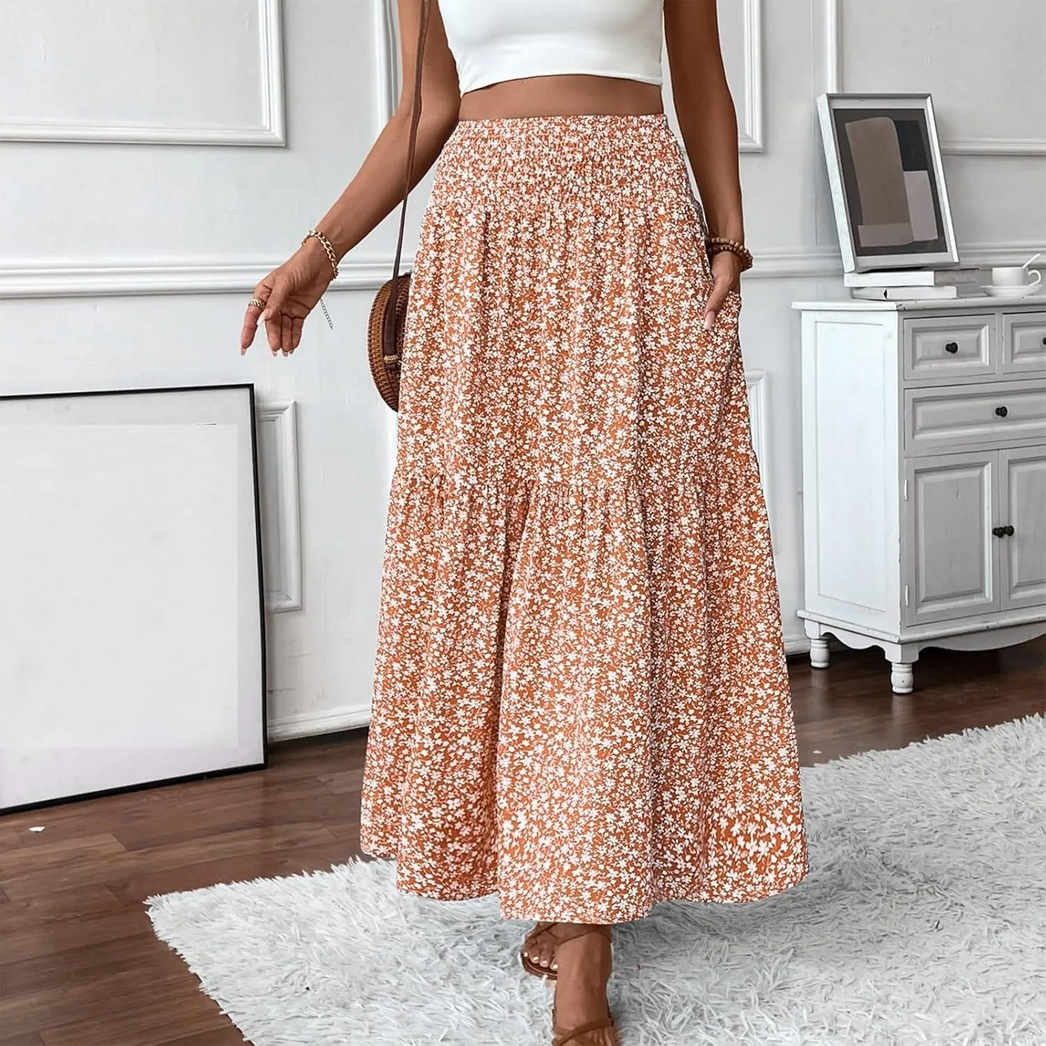 Elastic High Waist Flowy Maxi Skirts Women Boho Floral Tiered Pleated Summer Casual Long Beach Skirt