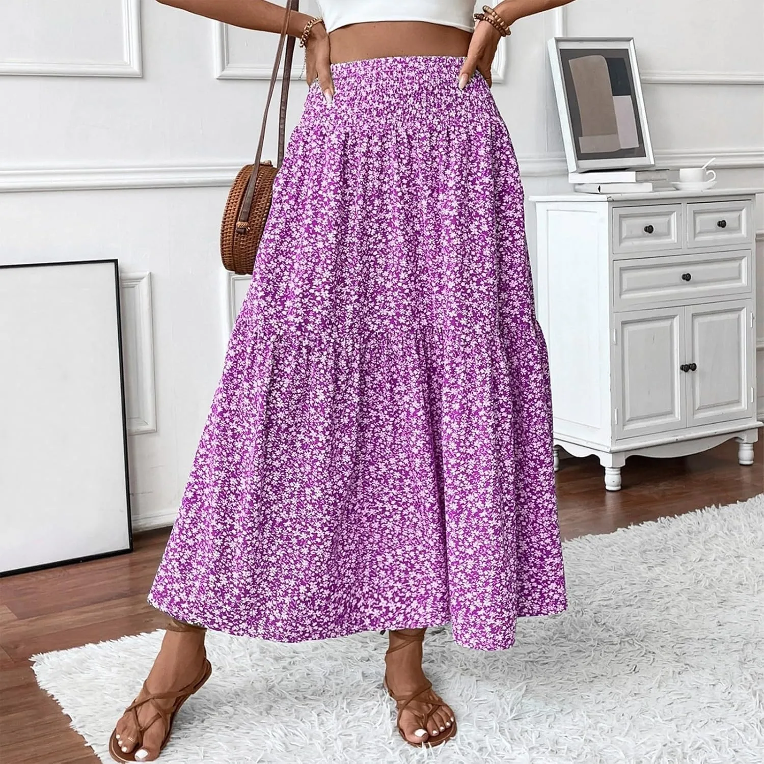 Elastic High Waist Flowy Maxi Skirts Women Boho Floral Tiered Pleated Summer Casual Long Beach Skirt
